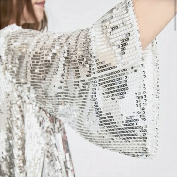 Zara trf collection Silver Sequins Disco Flowy Boho Blouse - Picture 5 of 16